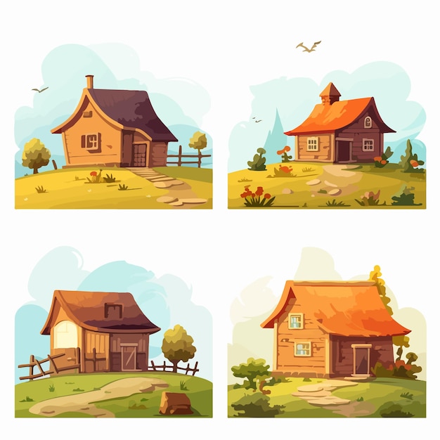 Vector rural landscape with house and barn in four scenic views