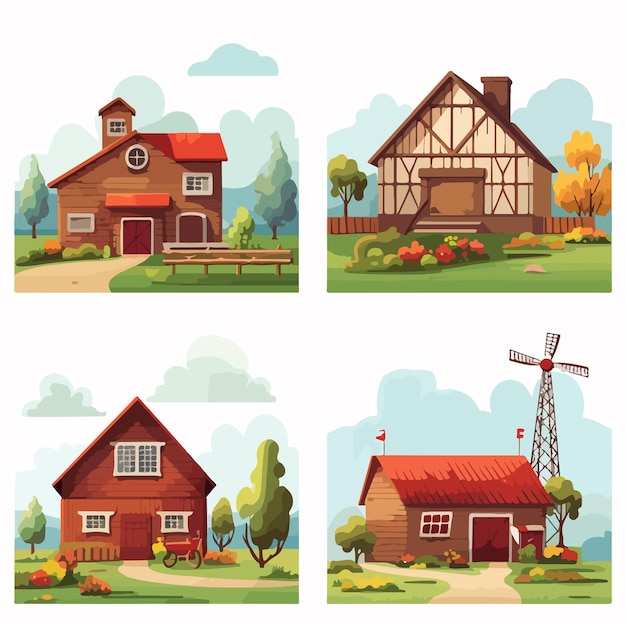 Vector rural landscape with house and barn in four scenic views