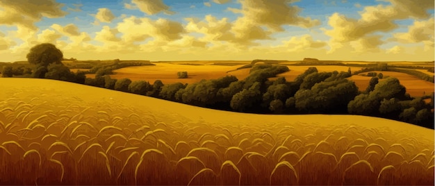 Vector rural landscape with wheat fields and yellow trees and sky on background vector illustration