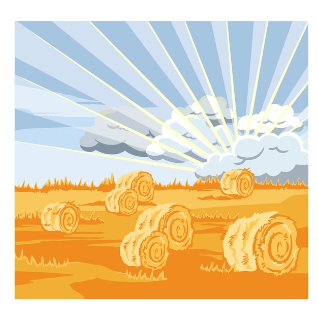 Vector rural morning landscape with hills and valleys of agricultural fields with a roll of hay flat