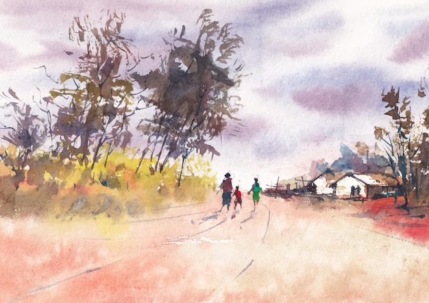 Rural pass away beside forest water color landscape