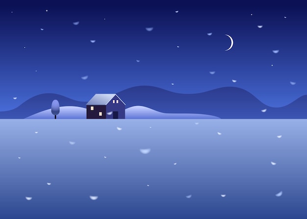 Rural snowy landscape with country house, tree and mountains. Night starry sky with snowfall in the countryside.