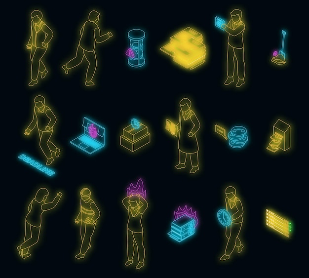 Rush job icons set vector neon