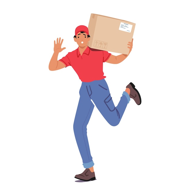 Vector rushing courier character swiftly delivers parcel ensuring prompt and secure delivery timely service for urgent shipments guaranteeing reliable transportation cartoon people vector illustration