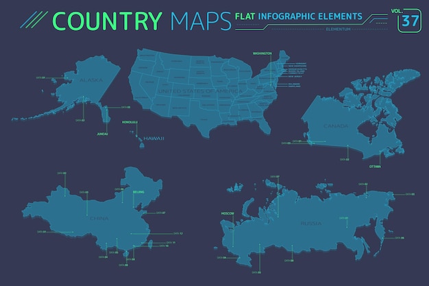 Russia canada china and united states of america vector maps