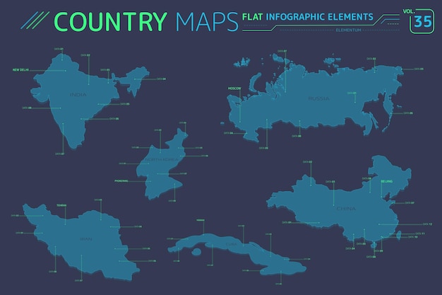 Russia china north korea india cuba and iran vector maps