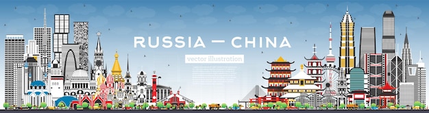 Russia and China skyline with gray buildings and blue sky Famous landmarks China and Russia concept Diplomatic relations between countries