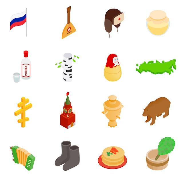 Russia isometric 3d icons set isolated on white background