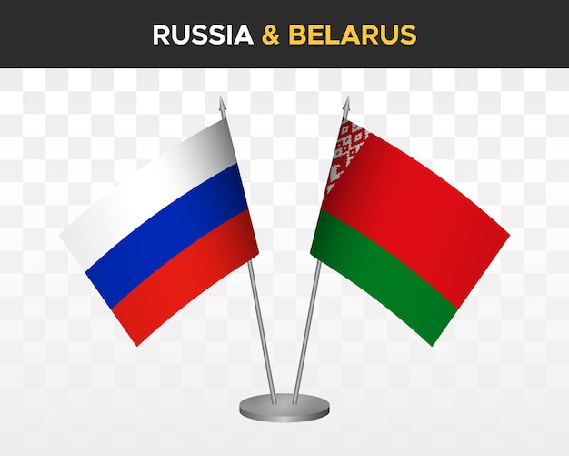 Russia vs Belarus desk flags mockup isolated on white 3d vector illustration russian table flags