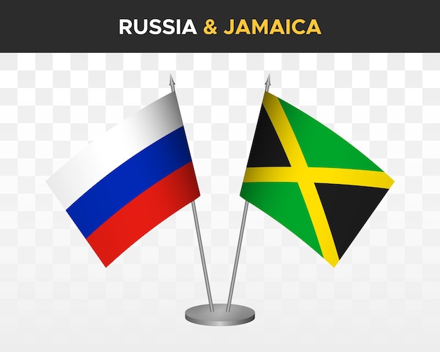 Russia vs Jamaica desk flags mockup isolated on white 3d vector illustration russian table flags