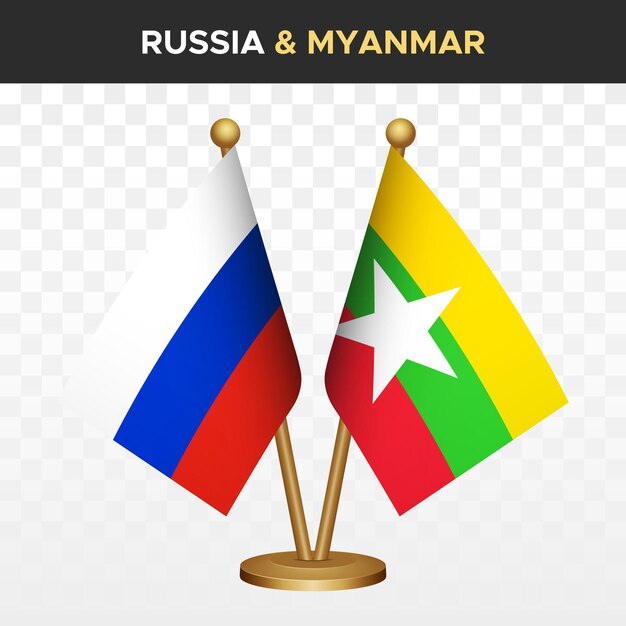 Vector russia vs myanmar flags russian 3d standing desk flag isolated on white