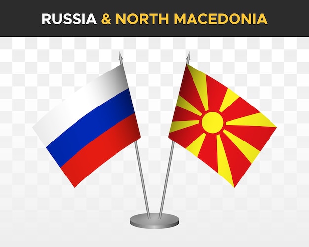 Russia vs North Macedonia desk flags mockup isolated on white 3d vector illustration table flags