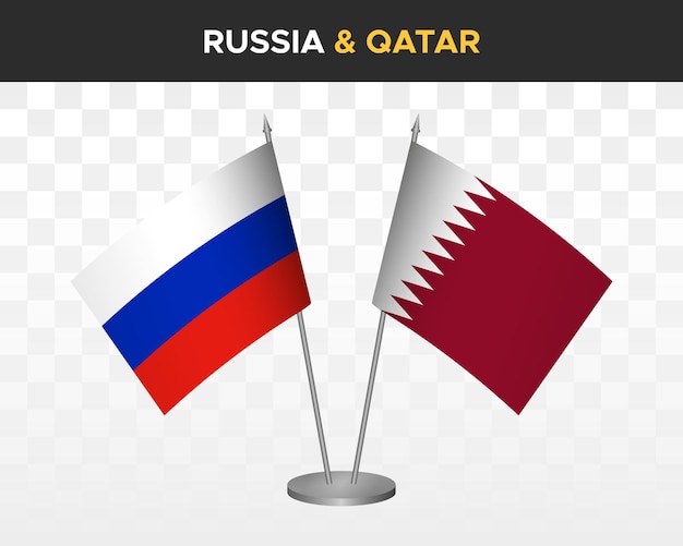 Russia vs Qatar desk flags mockup isolated on white 3d vector illustration russian table flags