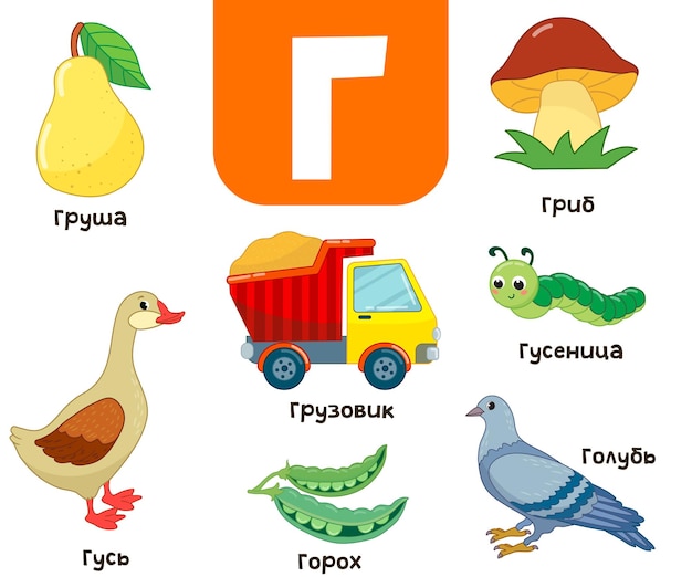 Russian alphabet. Written in Russian Russian alphabet. Written in English helicopter, camel, cherry,