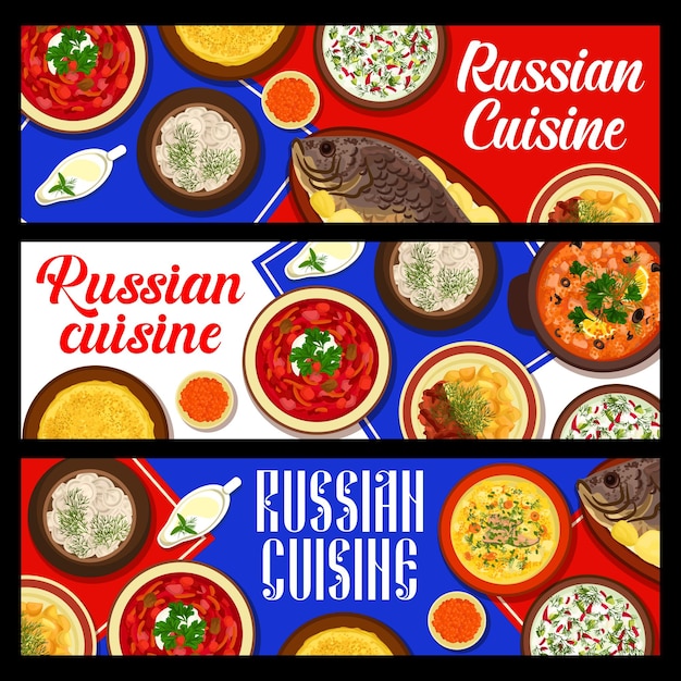 Russian cuisine meals banners borscht and blini