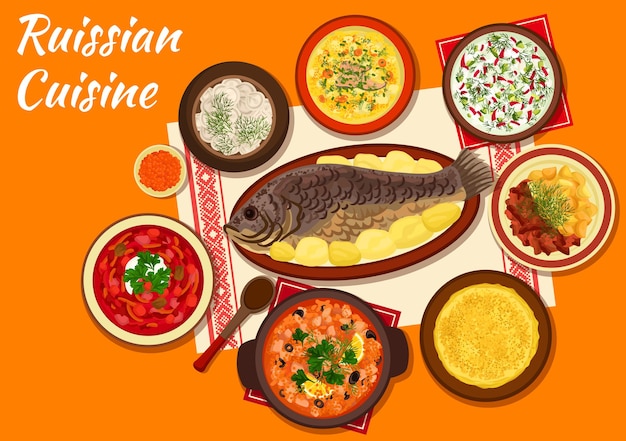 Russian cuisine thin pancake icon served with red caviar, meat dumplings, baked fish, sour soup with olives, beet soup borscht, cold vegetable soup, beef stroganoff and fish soup