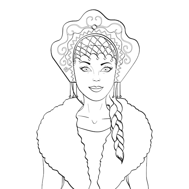 Russian girl with a scythe and in kokoshnike National clothes of Russia Coloring book