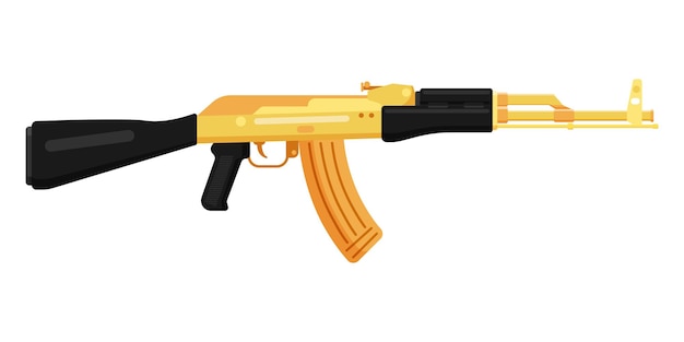 Russian golden AK 47 Kalashnikov assault rifle with butt. Concept of terrorism and war.