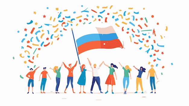 Vector russian independence day celebration with people shaking national flag