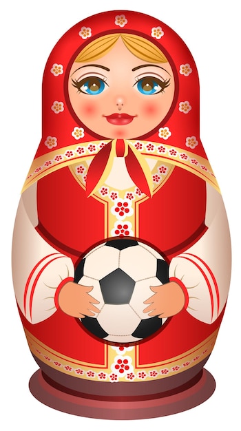 Vector russian nesting doll matryoshka holds soccer ball. isolated on white  illustration