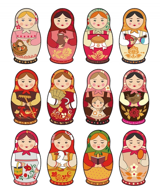 russian traditional babushka doll, matryoshka, set of illustrations