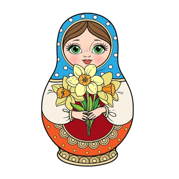 Russian traditional nest doll Matrioshka with a bouquet of daffodils in hand blue and red color variation for coloring page isolated on white background