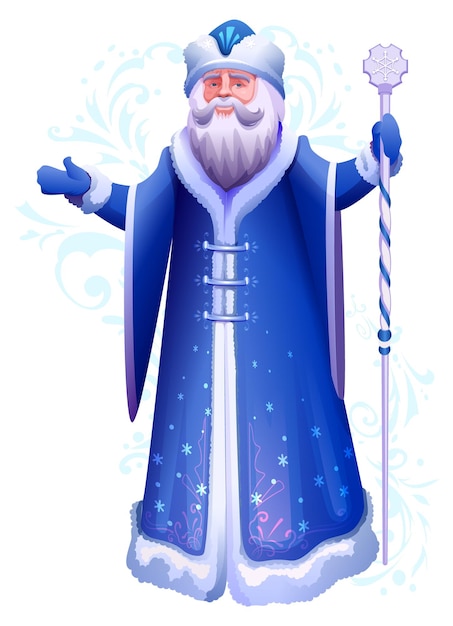 Russian or ukrainian santa claus grandfather frost in blue coat stand with ice staff