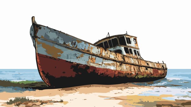 Vector rustic abandoned shipwreck on concrete barge