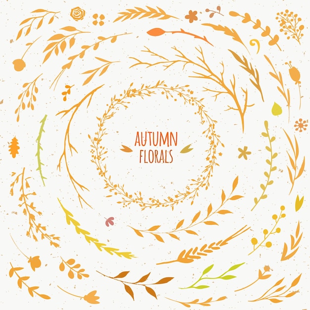 Rustic autumn collection vector floral set with leaves flowers branches and sticks autumn wreath