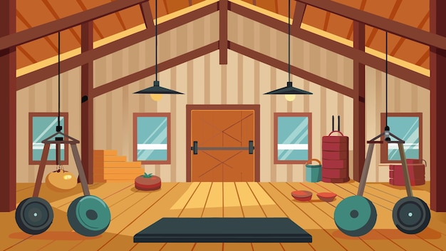 A rustic barn dojo with natural wood flooring floortoceiling mirrors and farm equipment creatively