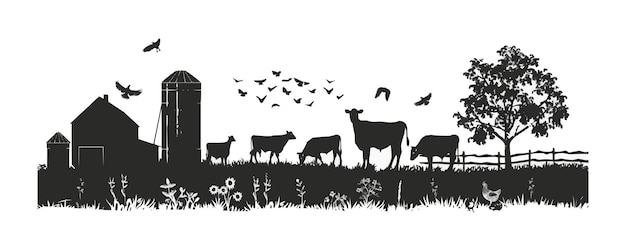 Vector rustic barnyard chickens cows and farm equipment countryside silhouettes black silhouette vector illustration flat style