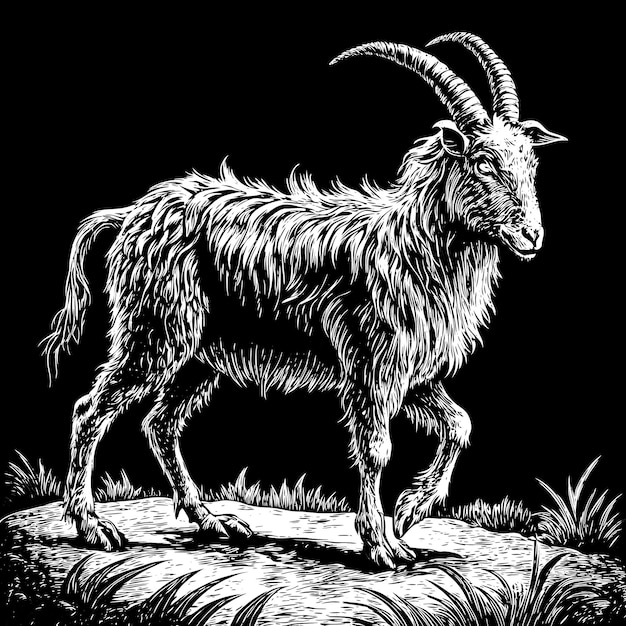 Rustic Black and White Goat Illustration on a Rock with Detailed Fur and Textured Horns