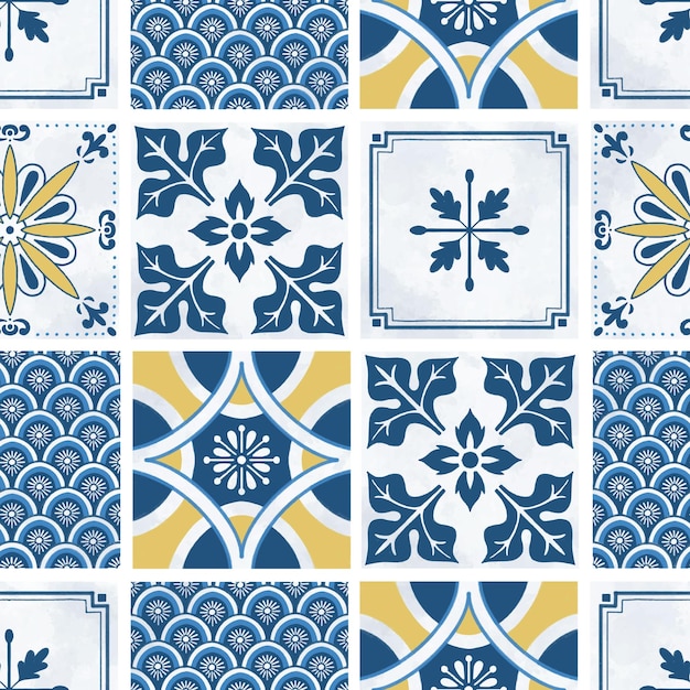 Rustic blue and yellow tiles seamless pattern for wallpaper