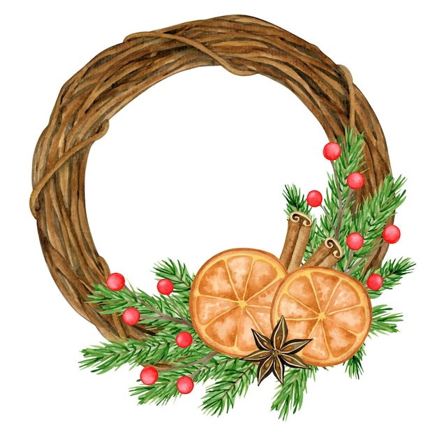 Rustic Christmas watercolor wreath farmhouse winter illustration