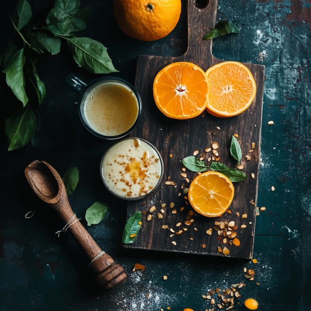 Vector rustic citrus scene fresh oranges halved and whole with green leaves and wooden juicer on dark wo