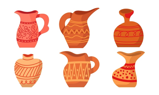 Rustic clay pottery set and brown pot or jug with pattern decorations Collection of old handmade