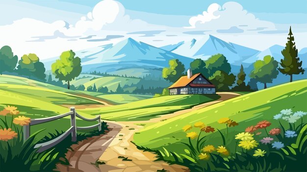 Vector rustic cottage in farm and mountain landscape vector illustration