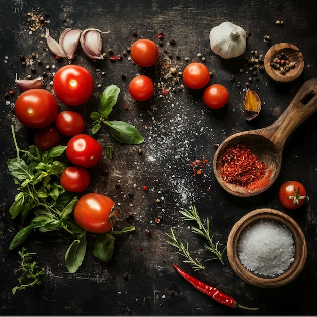 Rustic Culinary Ingredients and Spices on Dark Background Fresh Tomatoes Garlic Basil Olive Oil a