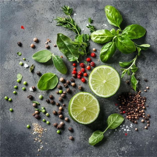 Vector a rustic culinary spread of fresh organic ingredients featuring lime halves basil peppercorns and