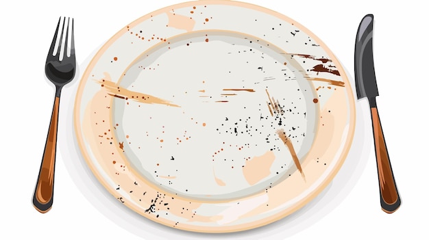 Vector rustic dirty plate with cutlery on white background