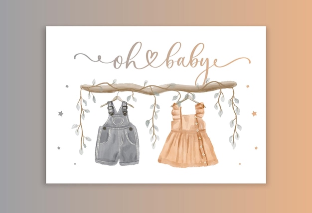 Rustic Dusty Floral Gender invitation for baby shower party with watercolor cute baby clothes