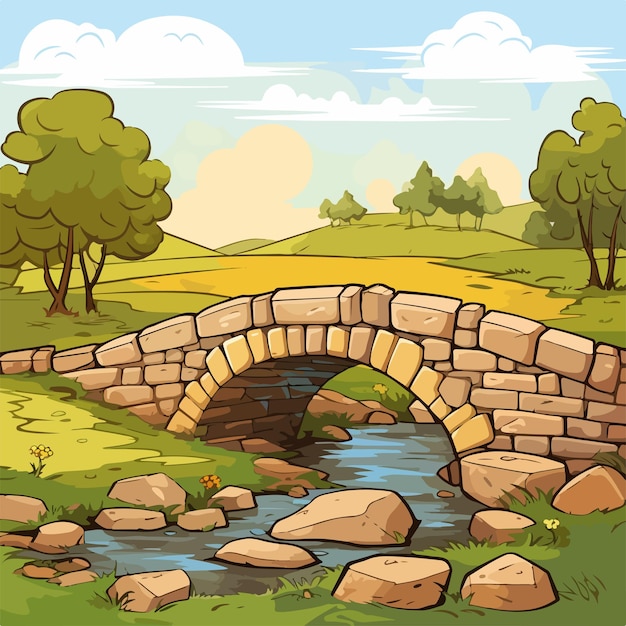 Rustic Farm Background with Stone Bridge Illustration