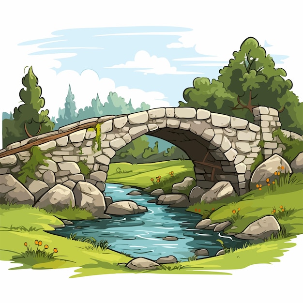 Rustic Farm Background with Stone Bridge Illustration