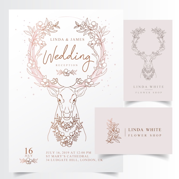 Rustic floral antler wedding Invitation card 