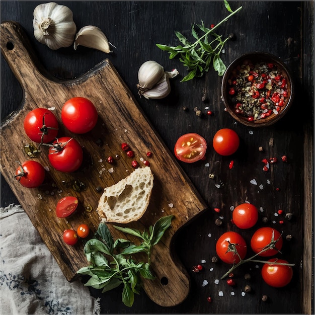 Rustic Gourmet Cooking Ingredients Fresh Tomatoes Garlic Basil Oregano Bread Pepper Salt on Woode