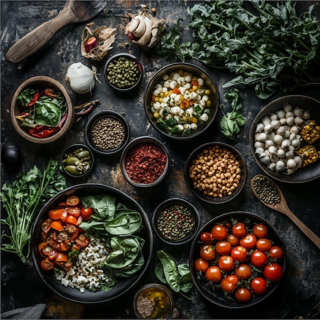 Vector rustic gourmet vegetarian ingredients in bowls fresh tomatoes spinach garlic herbs spices peppers