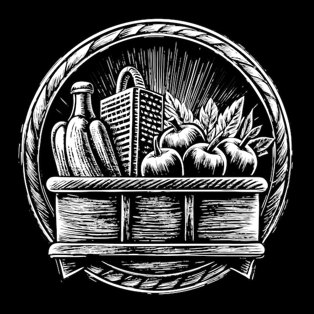 Rustic Hand Drawn Basket with Vegetables and Bottles in Retro Style