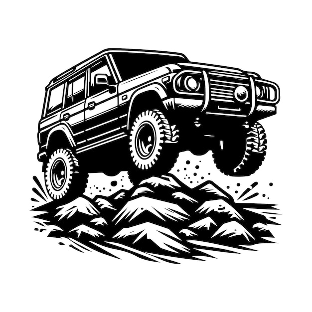 rustic hand drawn logo illustration of off road car