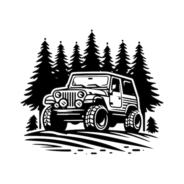 rustic hand drawn logo illustration of off road car