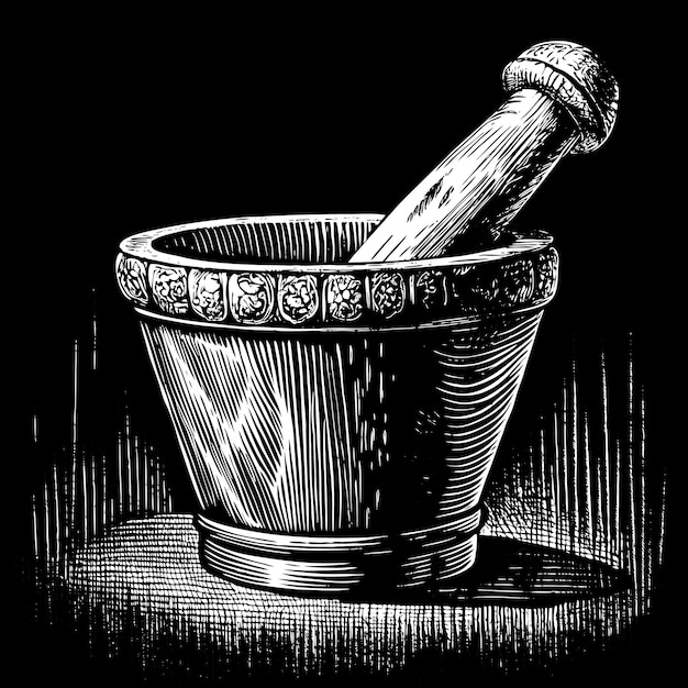 Vector rustic hand drawn mortar and pestle illustration in vintage woodcut style